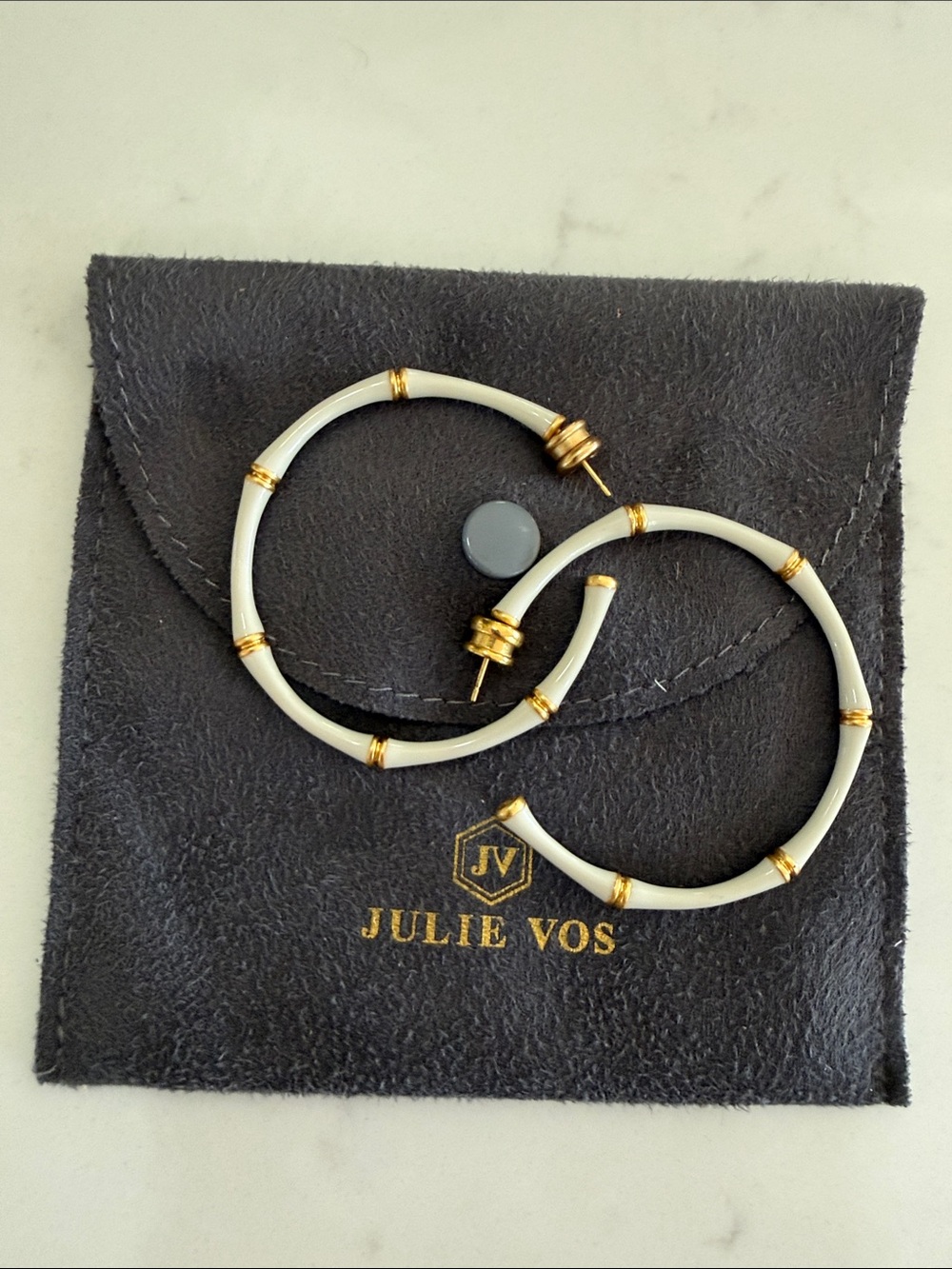 Julie Vos White Enamel bamboo Hoops with Gold Accents-large
